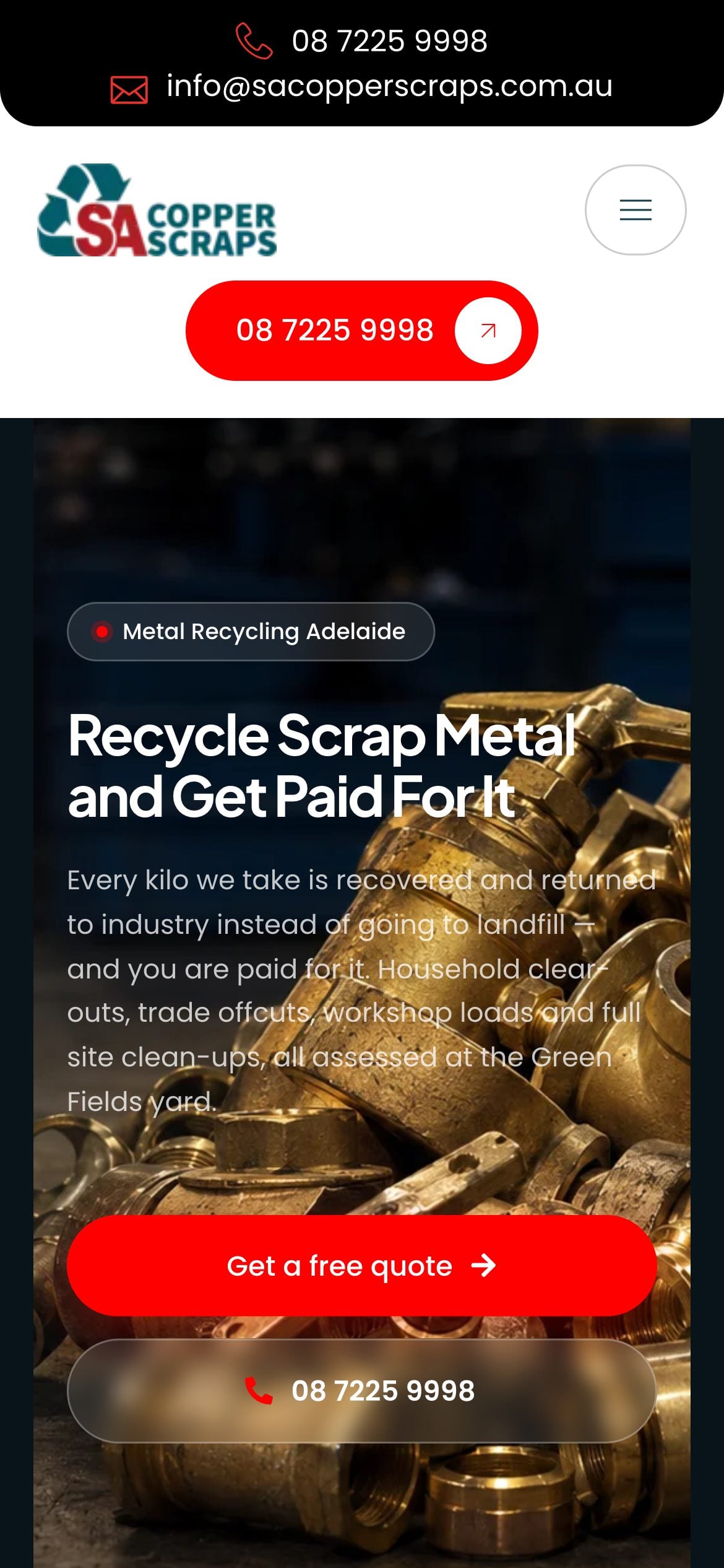 The SA Copper Scraps home page on a phone
